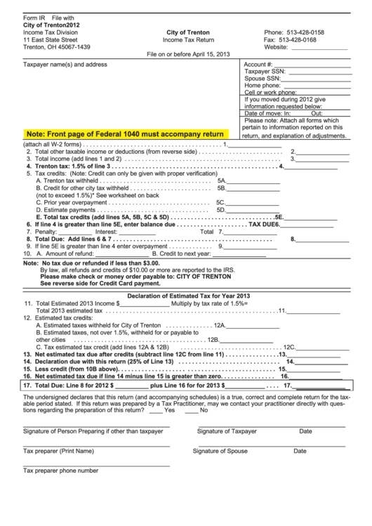Form Ir Tax Return City Of Trenton 2012 printable pdf download