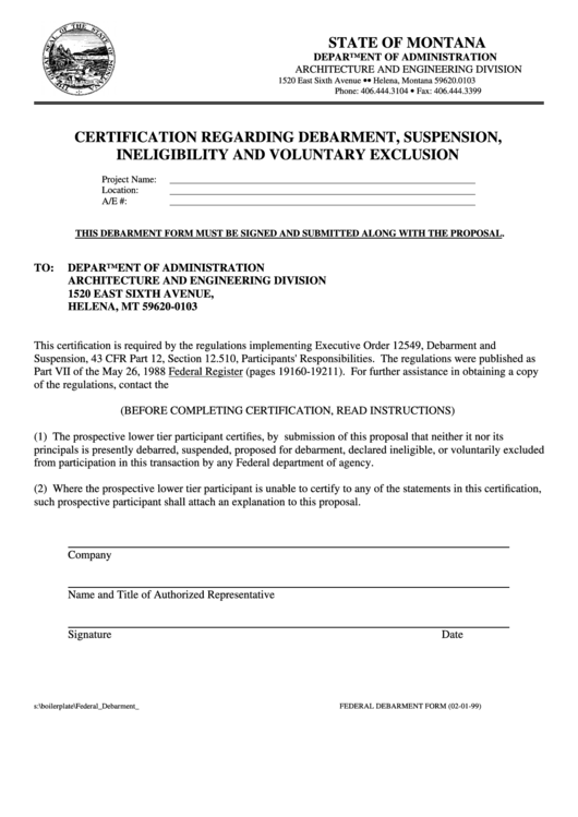 Federal Debarment Form Certification Regarding Debarment, Suspension