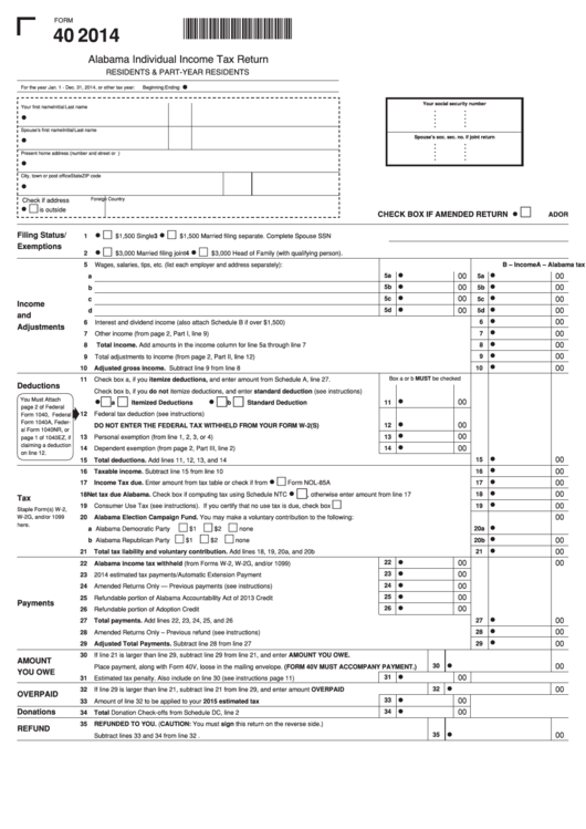 Form 40 Alabama Individual Tax Return 2014 printable pdf