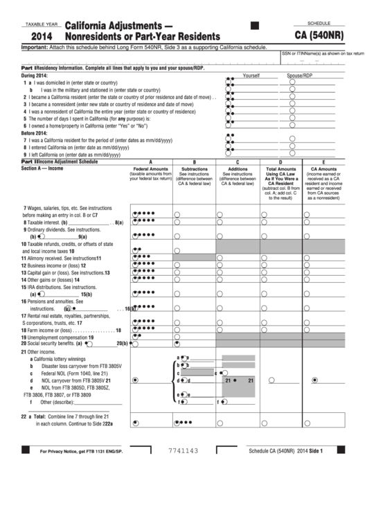 Fillable Schedule Ca (540nr) California Adjustments
