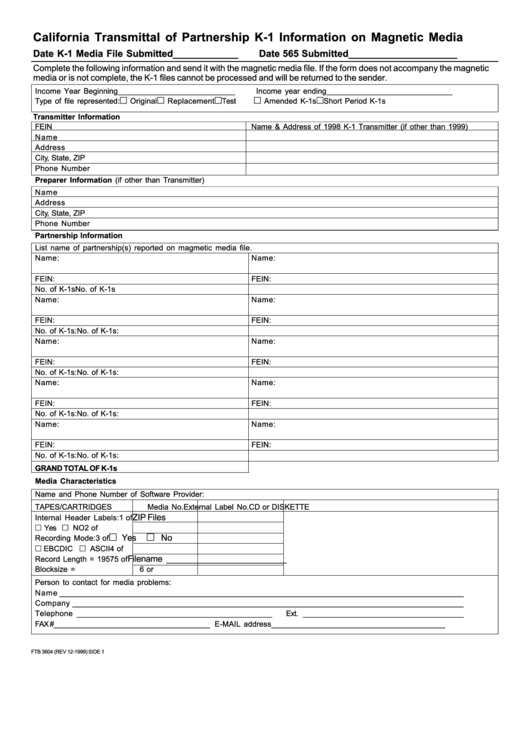 Form Ftb 3604 California Transmittal Of Partnership K1 Information