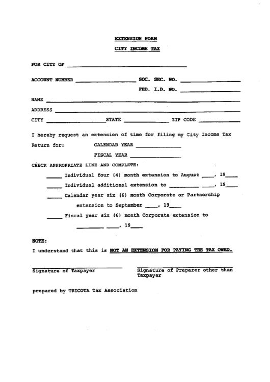 Extension Form For City Tax printable pdf download