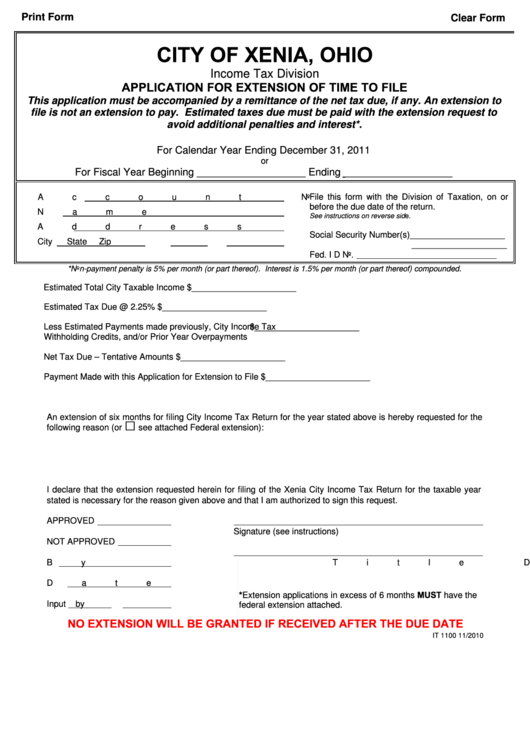 Fillable Application For Extension Of Time To File City Of Xenia
