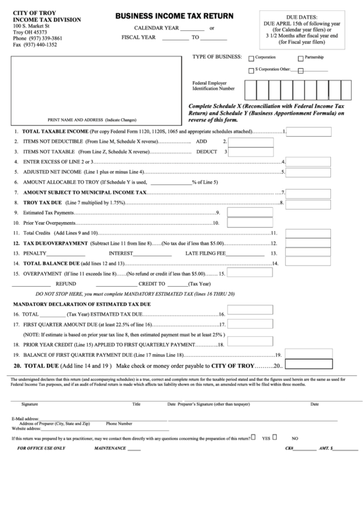 Business Tax Return Form City Of Troy Tax Division