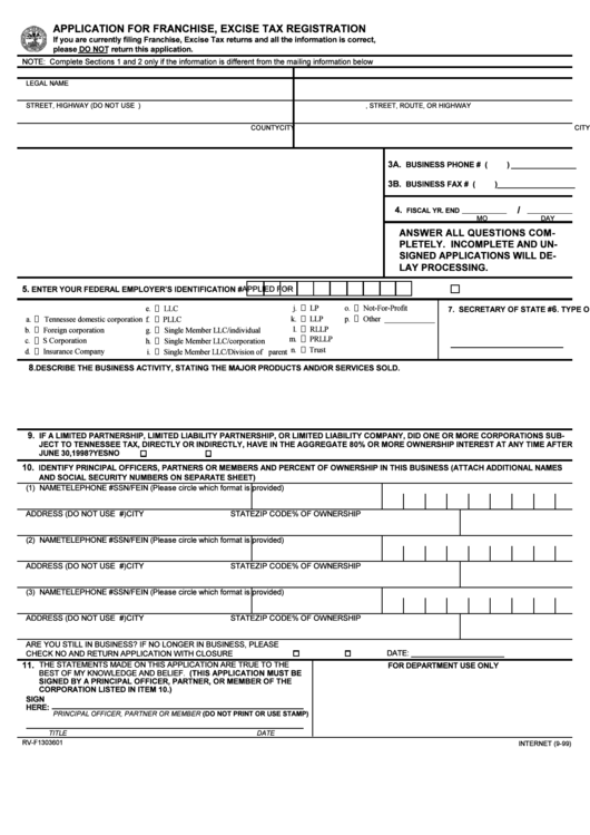 Form RvF1303601 Application For Franchise, Excise Tax Registration printable pdf download