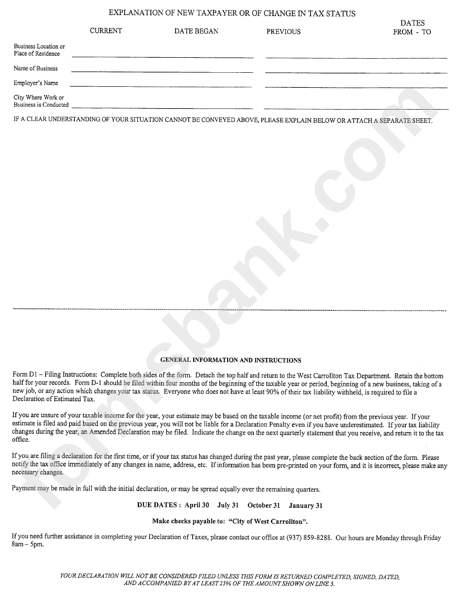 Form D1 Explanation Of New Taxpayer Of Of Change In Tax Status City