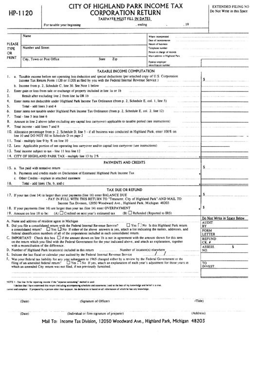Form Hp1120 City Of Highland Park Tax Corporation Return