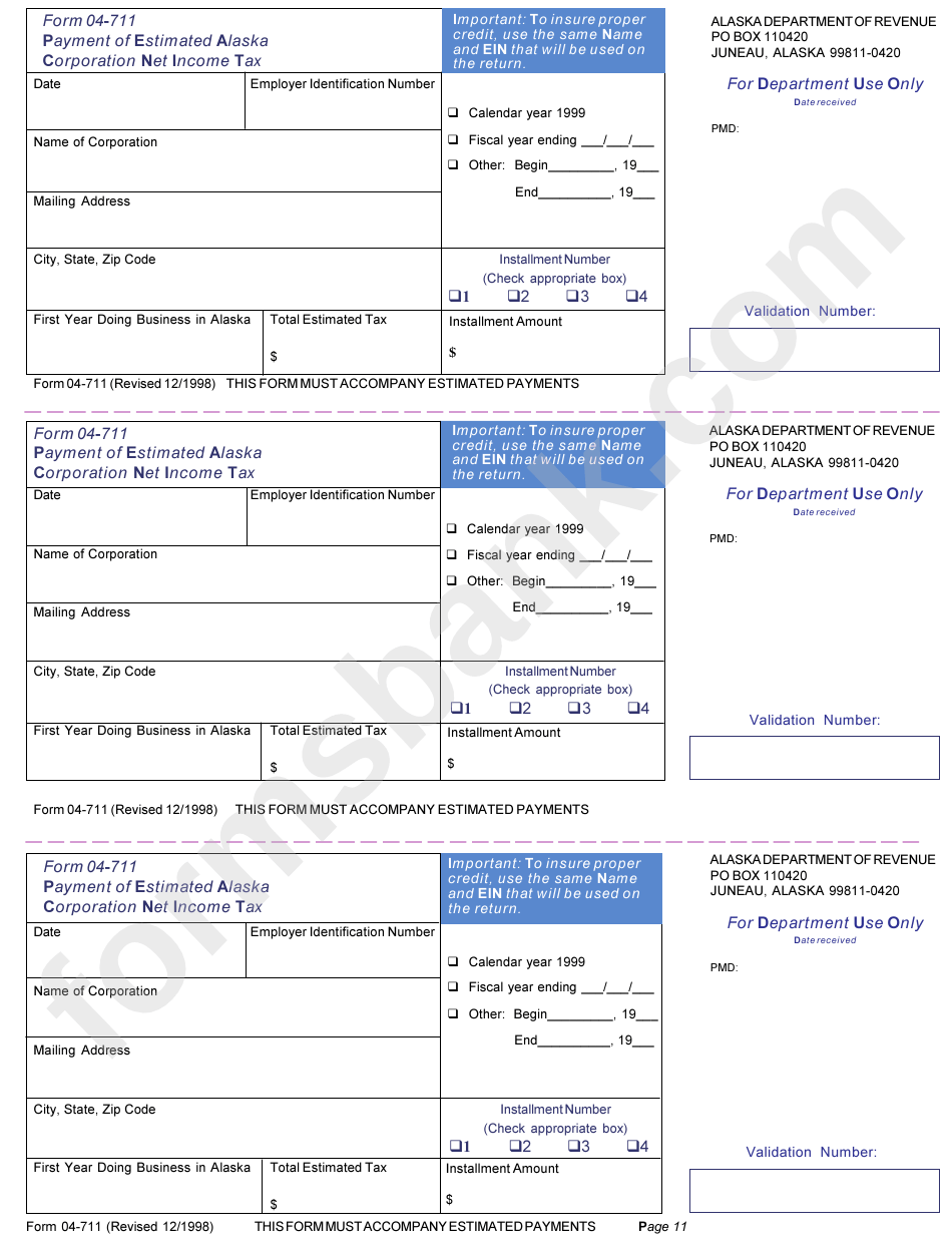 Fillable Form 04711 Payment Of Estimated Alaska Corporation Net