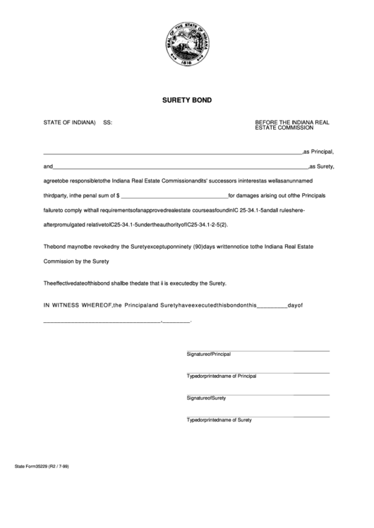 Fillable Form 35229 Surety Bond Indiana Real Estate Commission printable pdf download