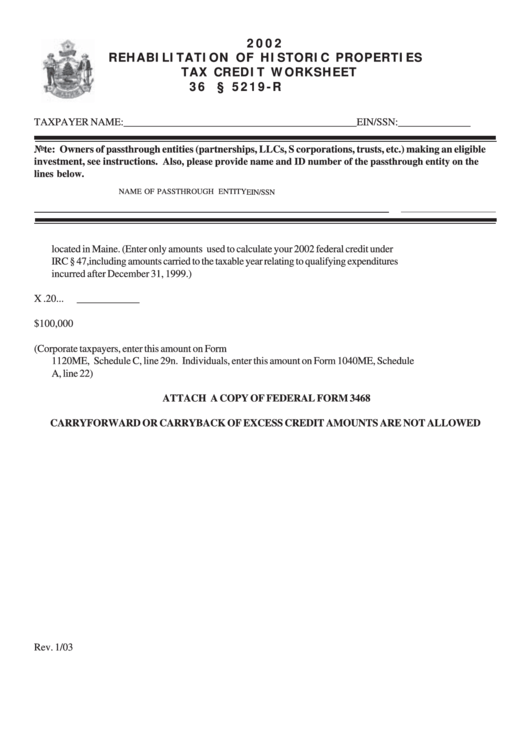 Rehabilitation Of Historic Properties Tax Credit Worksheet 2002