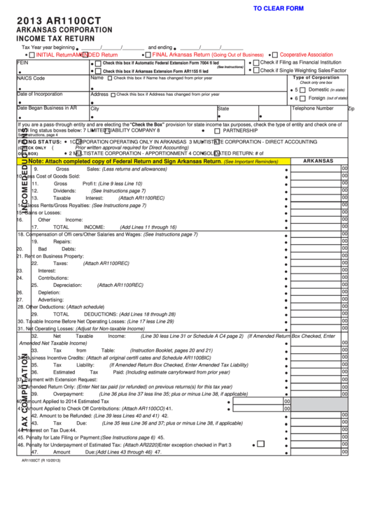 Fillable Form Ar1100ct Arkansas Corporation Tax Return 2013