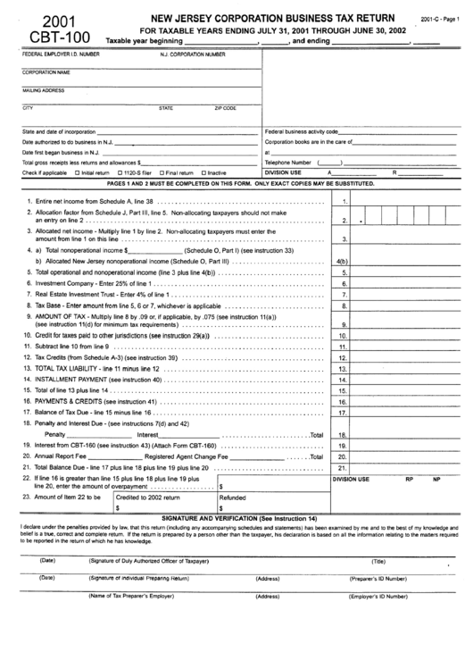 Form Cbt100 New Jersey Corporation Business Tax Return 2001