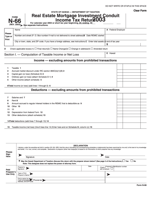 Fillable Form N66 Real Estate Mortgage Investment Conduit Tax