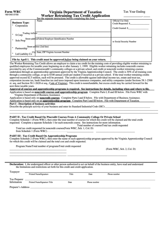 Form Wrc Virginia Department Of Taxation Worker Retraining Tax Credit