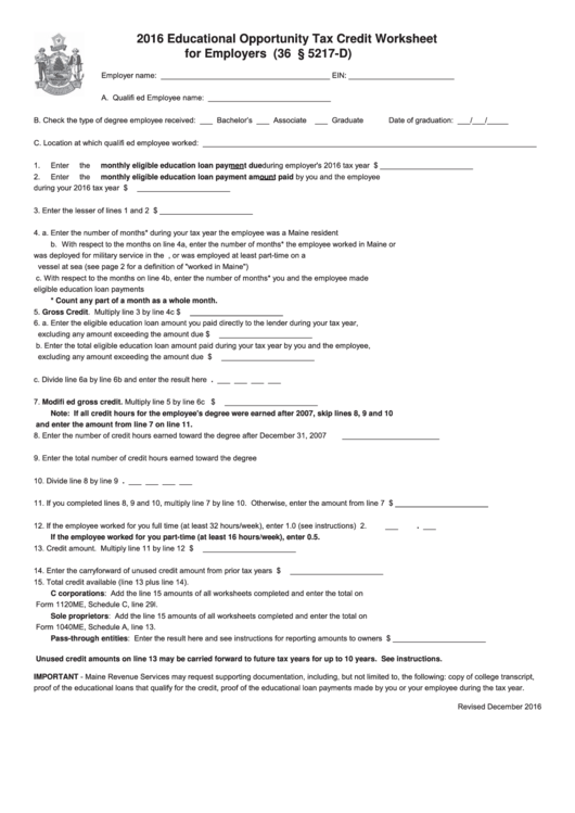 Educational Opportunity Tax Credit Worksheet For Employers