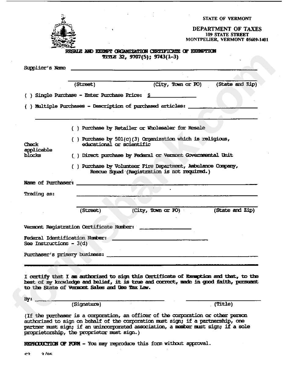 Resale And Exempt Organization Certificate Of Exemption Vermont Department Of Taxes printable