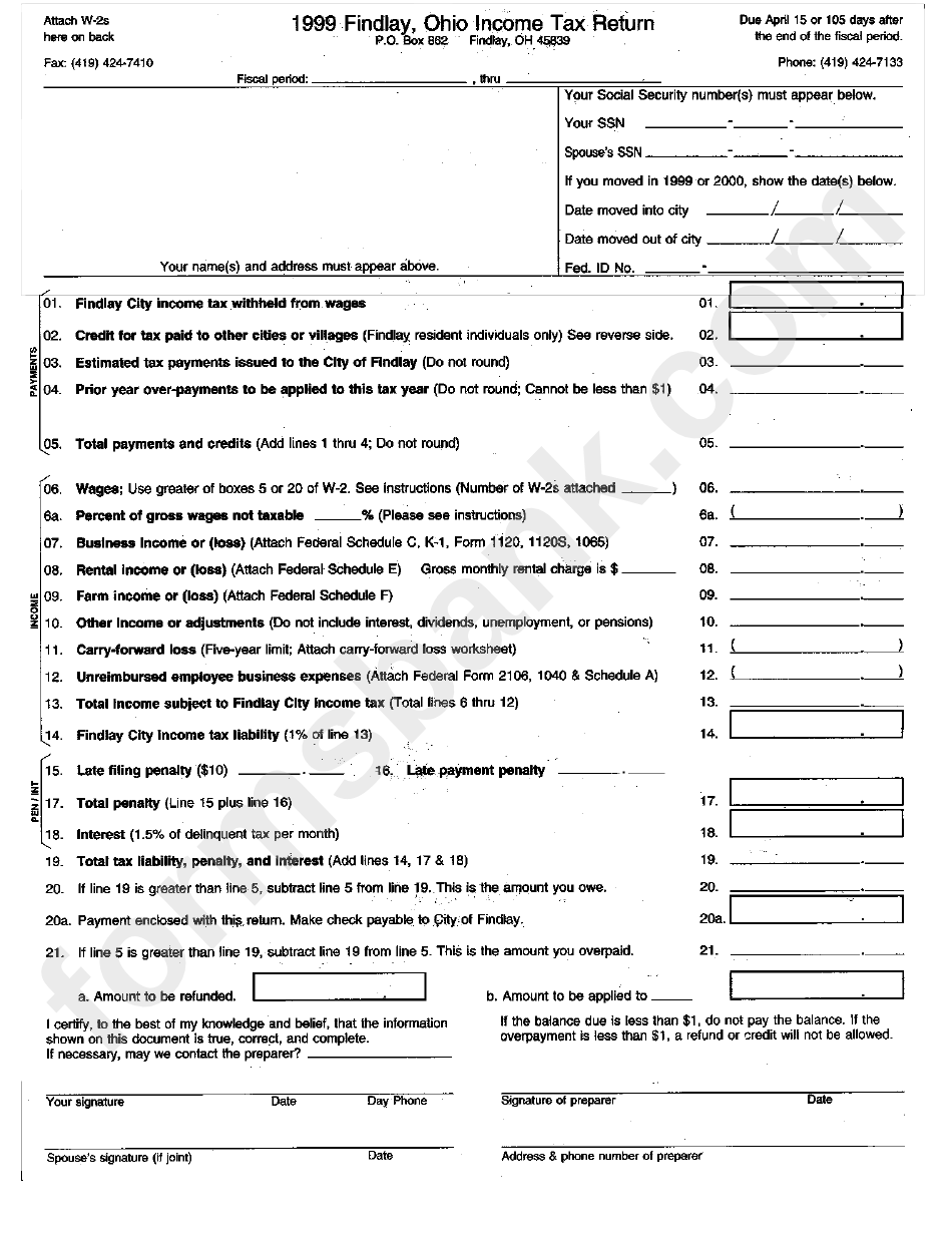 1999 Findlay, Ohio Tax Return printable pdf download