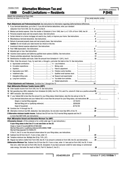 California Schedule P (540) Alternative Minimum Tax And Credit