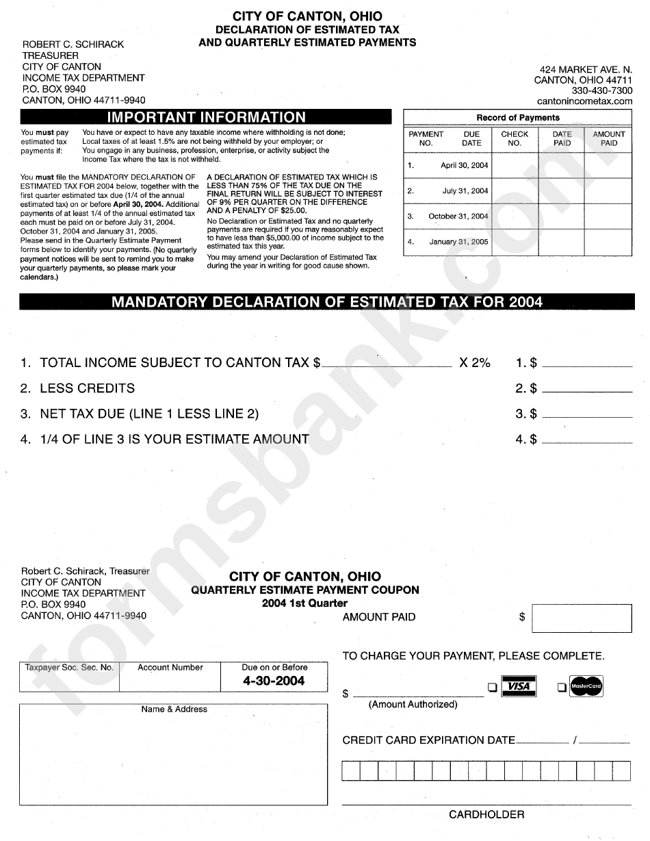 City Of Canton, Ohio Declaration Of Estimated Tax And Quarterly