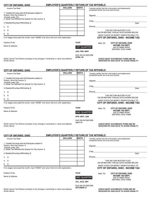 Fillable Employer'S Quarterly Return Of Tax Withheld City Of Ontario