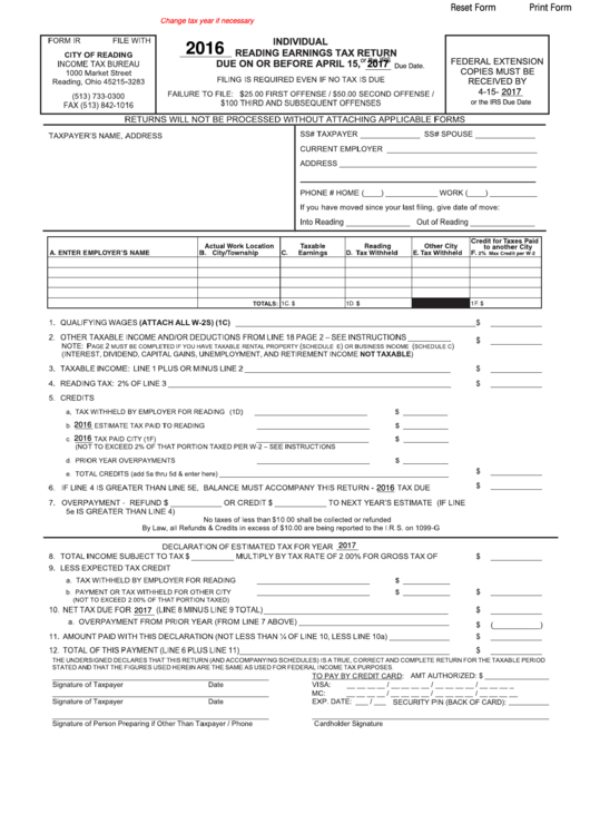 Fillable Form Ir Individual Reading Earnings Tax Return