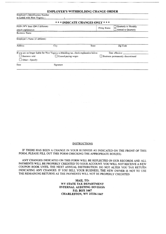 Employer'S Withholding Change Order West Virginia State Tax