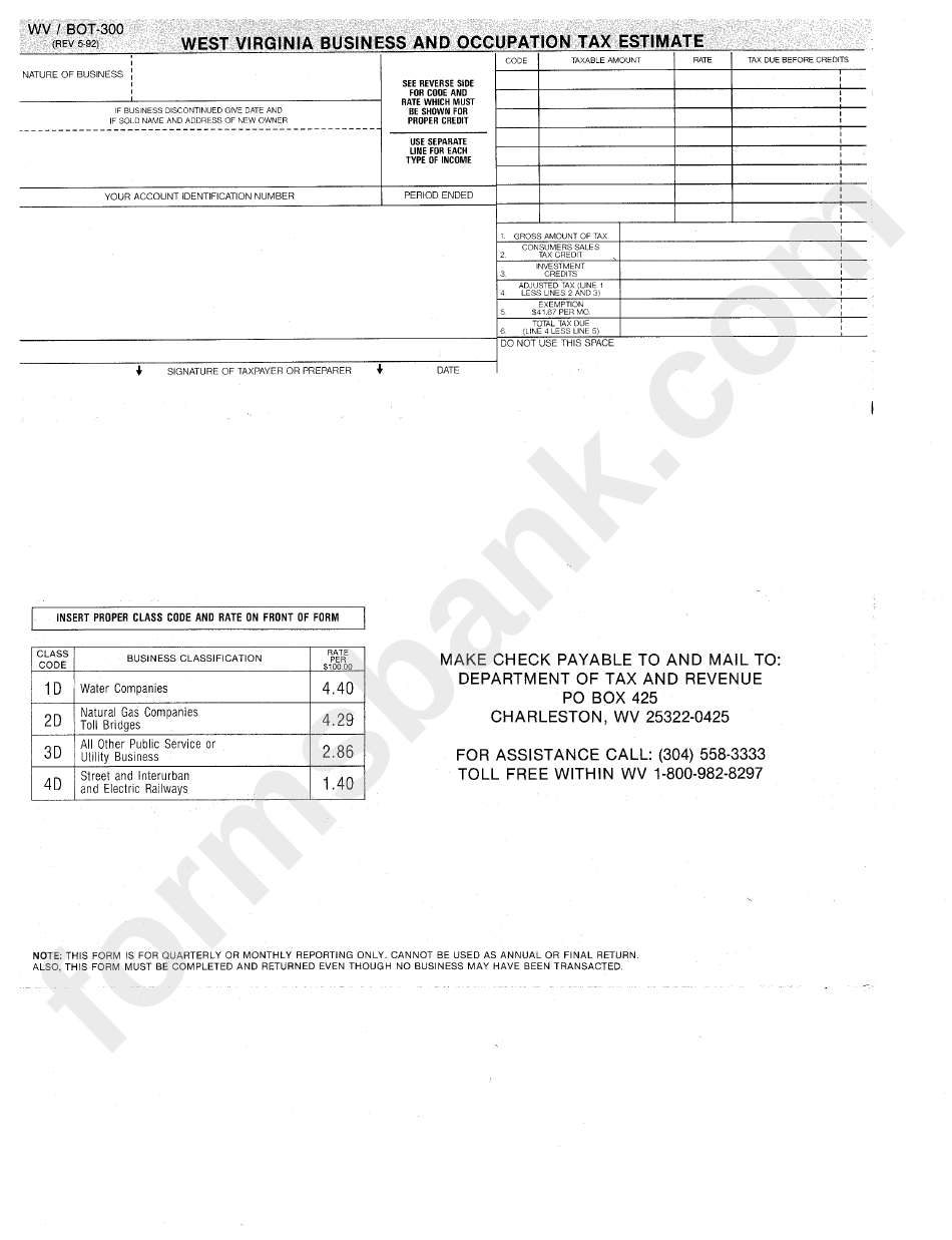 Form Wv/bot300 West Virginia Business And Occupation Tax Estimate