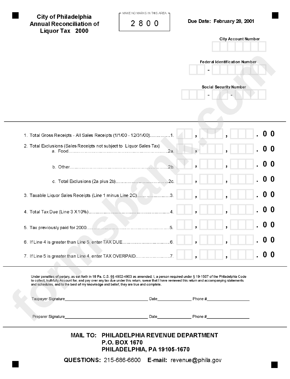 City Of Philadelphia Annual Reconciliation Of Liquor Tax Philadelphia