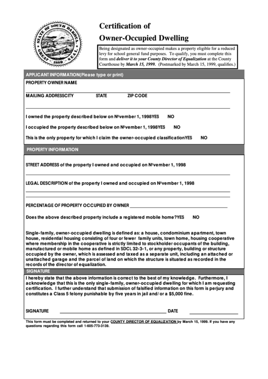 Fillable Certification Of OwnerOccupied Dwelling 1999 printable pdf