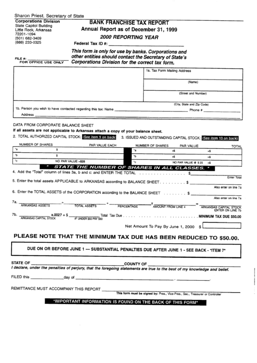 Bank Franchise Tax Report 2000 Reporting Year Arkansas Secretary Of