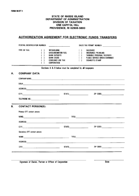 Form RiEft1 Authorization Agreement For Electronic Funds Transfers