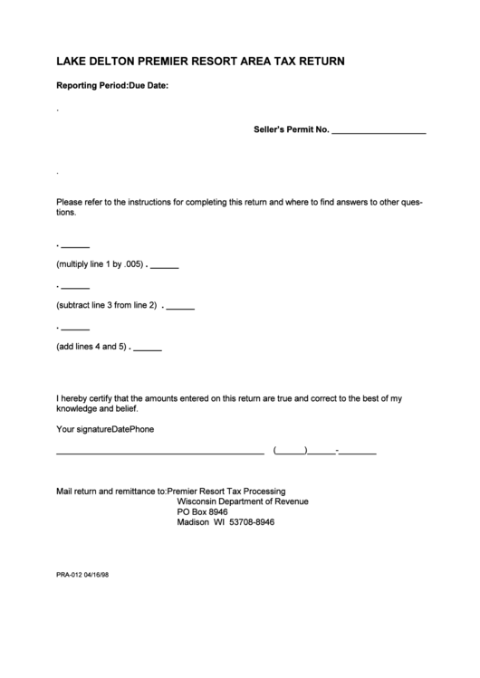 Fillable Form Pra012 04 Lake Delton Premier Resort Area Tax Return