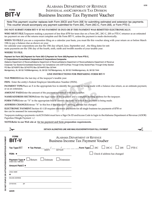Form BitV Draft Business Tax Payment Voucher Alabama