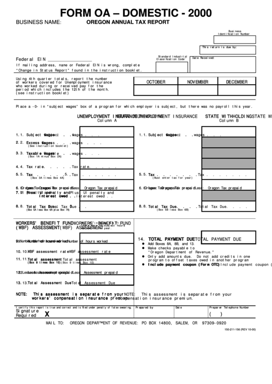 Form Oa Domestic Oregon Annual Tax Report 2000 printable pdf download