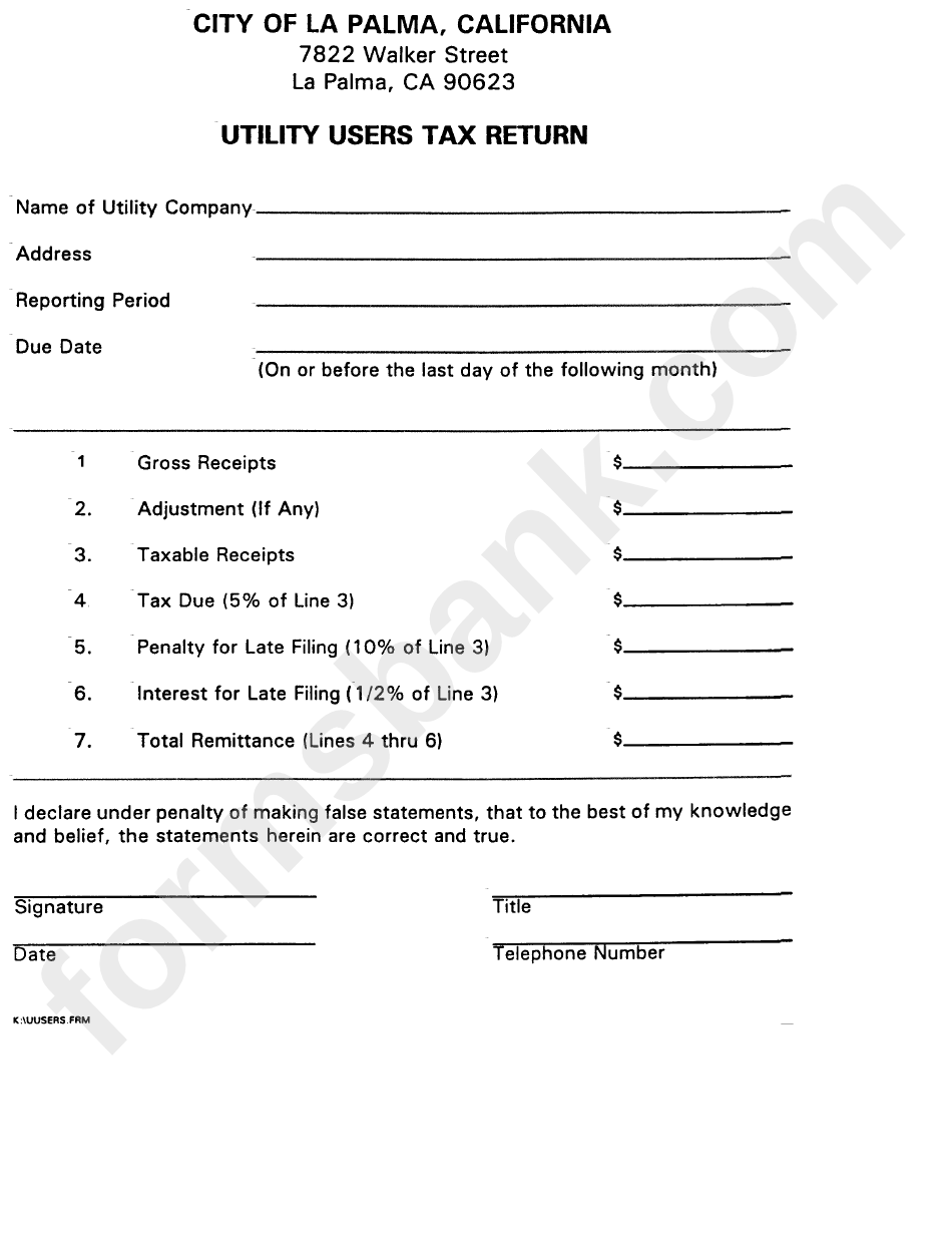 Utility Users Tax Return City Of La Palma, California printable pdf