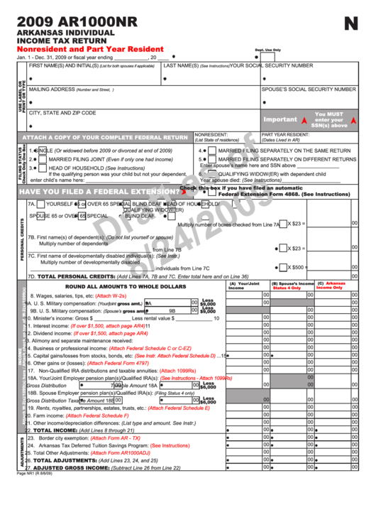 Fillable Form Ar1000nr Draft Arkansas Individual Tax Return