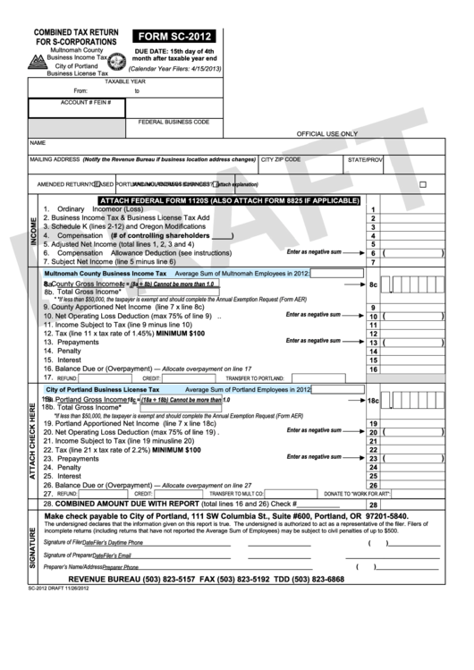 Form Sc2012 Draft Combined Tax Return For SCorporations City Of
