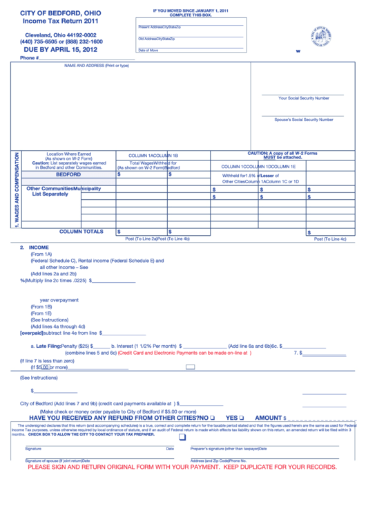 Tax Return City Of Bedford 2011 printable pdf download
