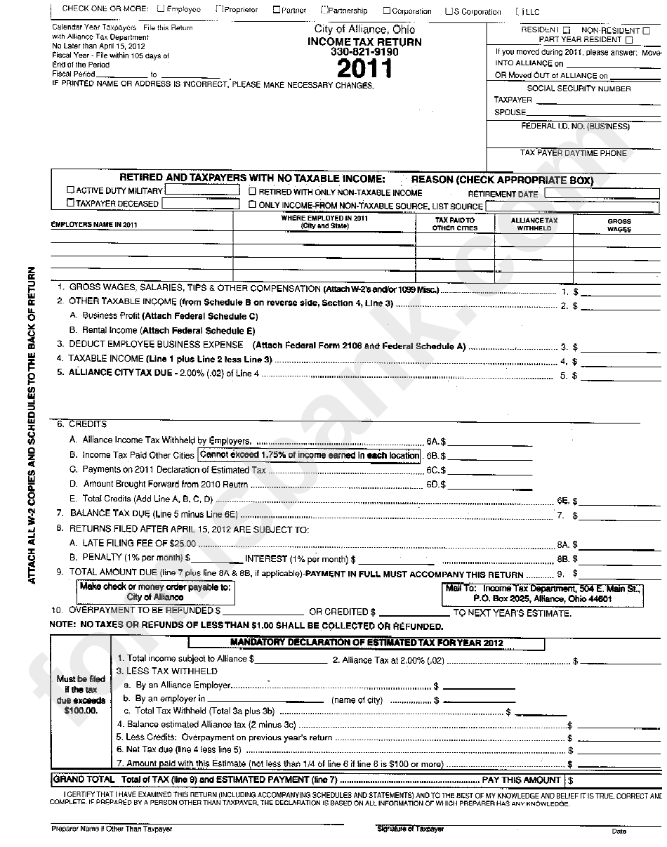 City Of Alliance, Ohio Tax Return 2011 printable pdf download