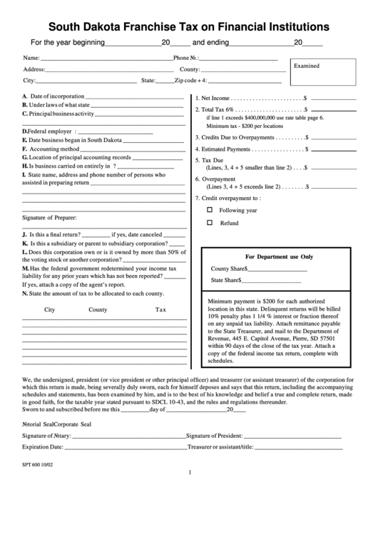 South Dakota Franchise Tax On Financial Institutions printable pdf download