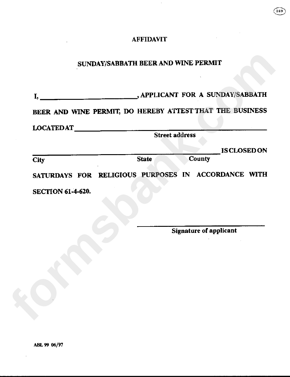 Form Abl 99 Affidavit Sunday/sabbath Beer And Wine Permit printable