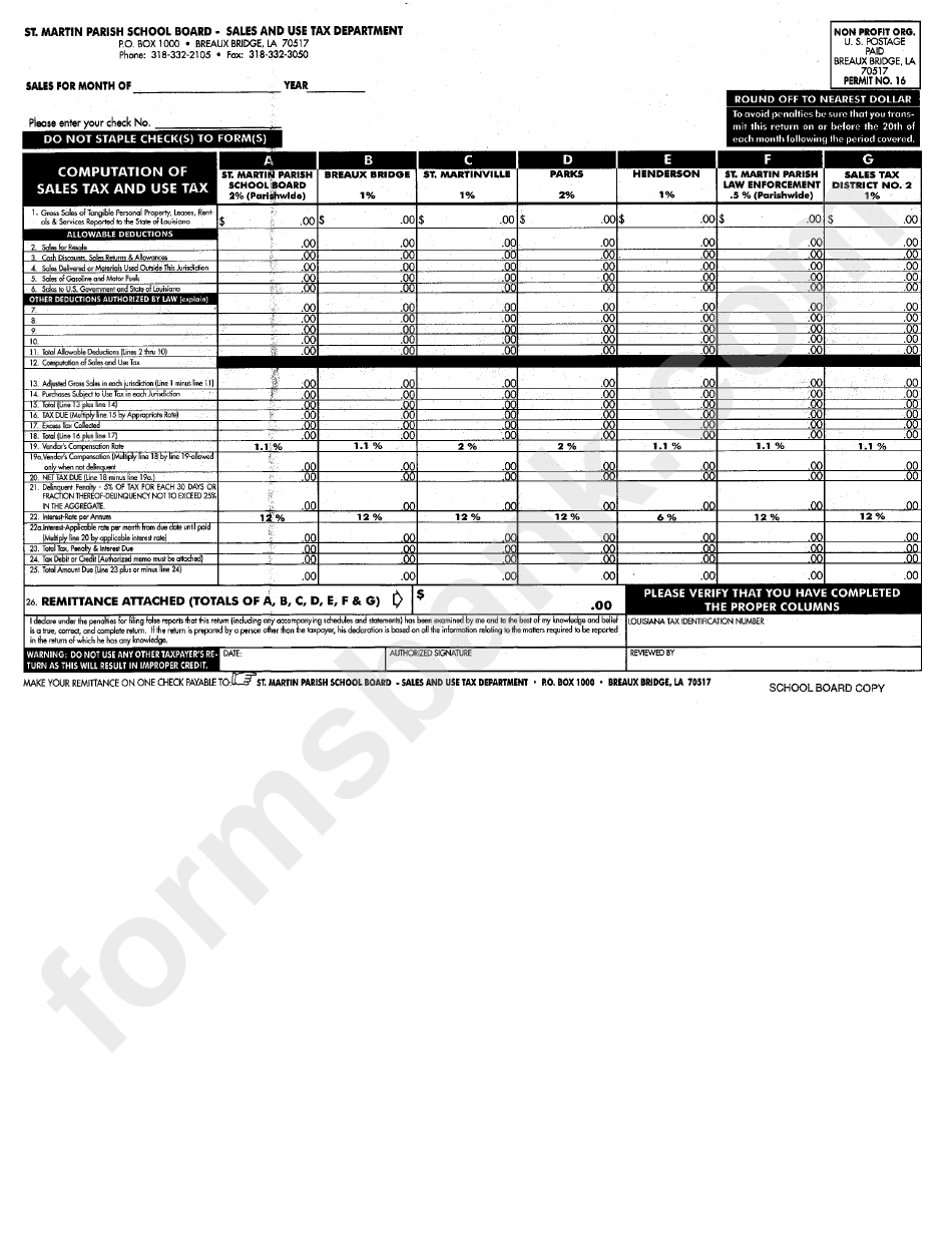 Computation Of Sales Tax And Use Tax Form St.martin Parish School