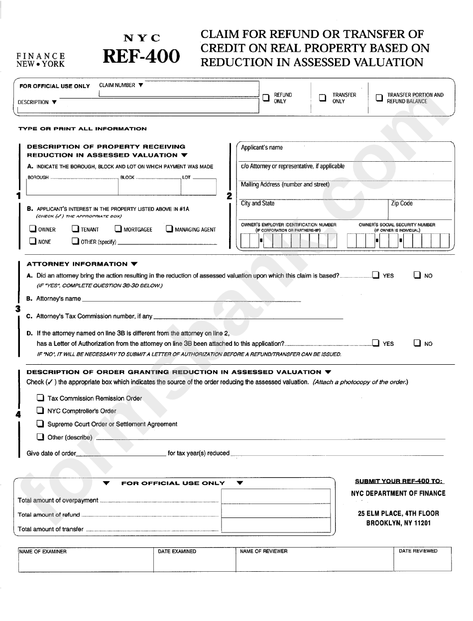 Fillable Form Nyc Ref400 Claim For Refund Or Transfer Of Credit On