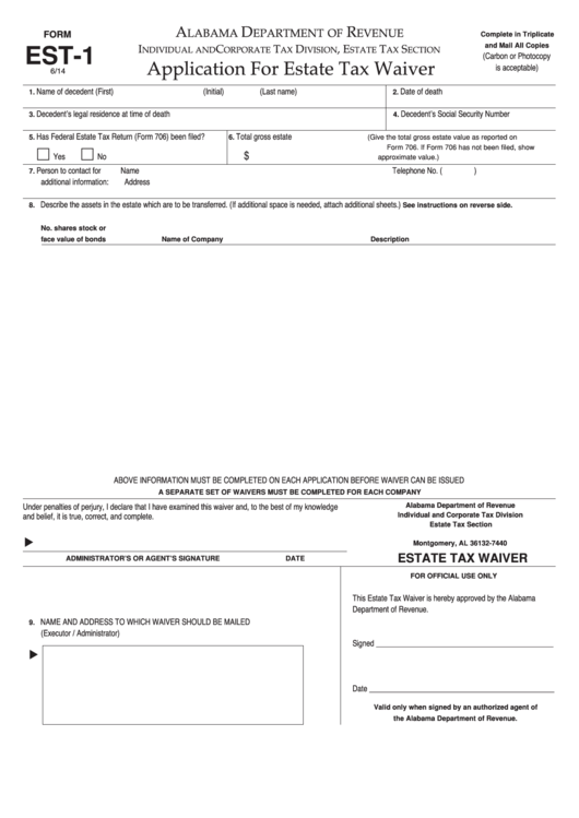 Form Est1 Application For Estate Tax Waiver printable pdf download