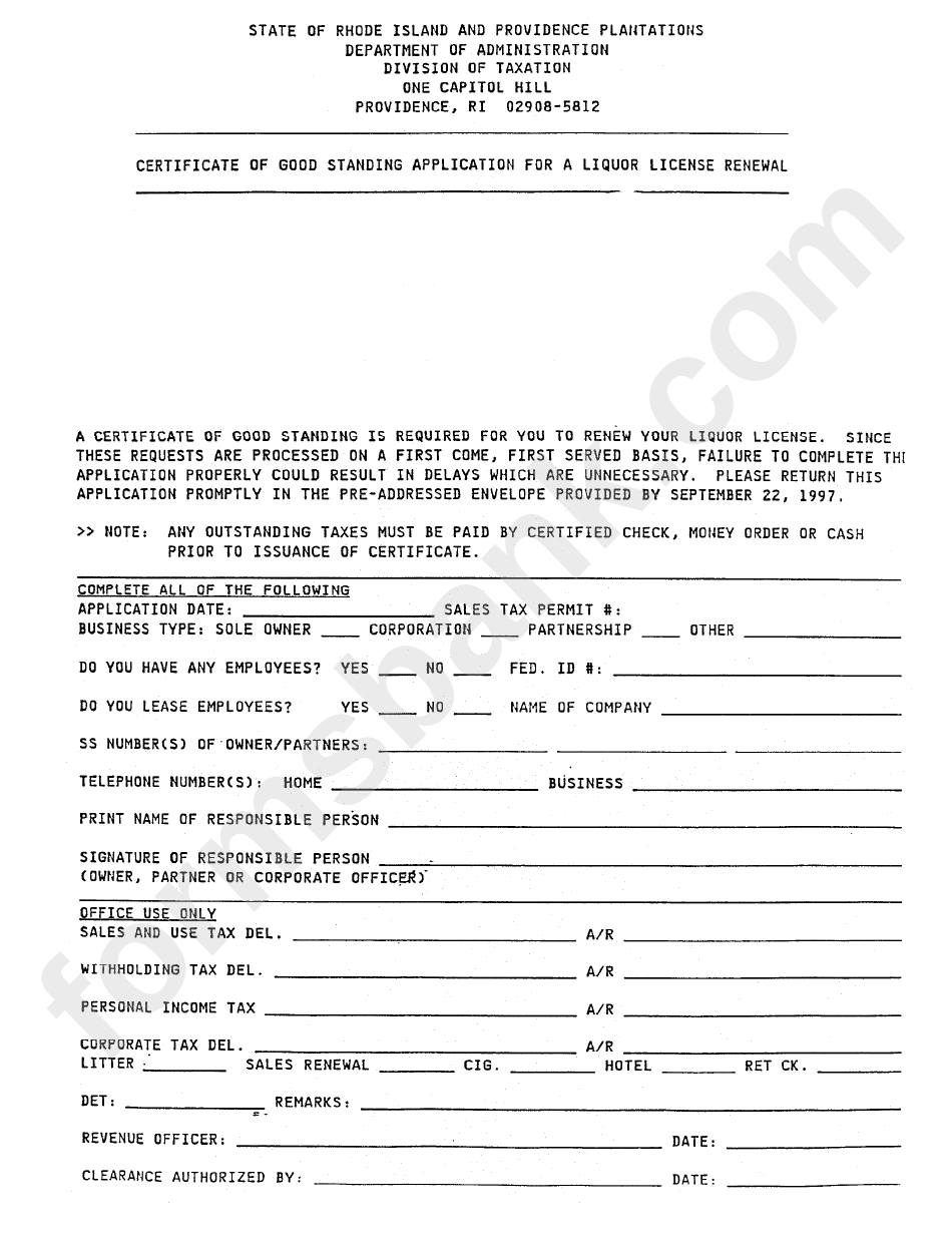 Fillable Certificate Of Good Standing Application For A Liquor License