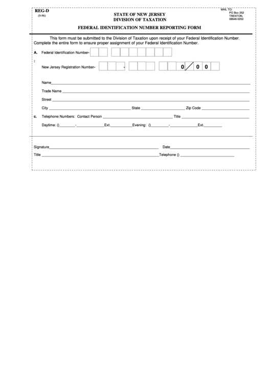Fillable Form RegD Federal Identification Number Reporting Form