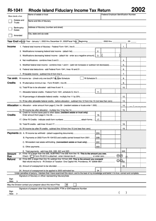 Form Ri1041 Rhode Island Fiduciary Tax Return 2002 printable
