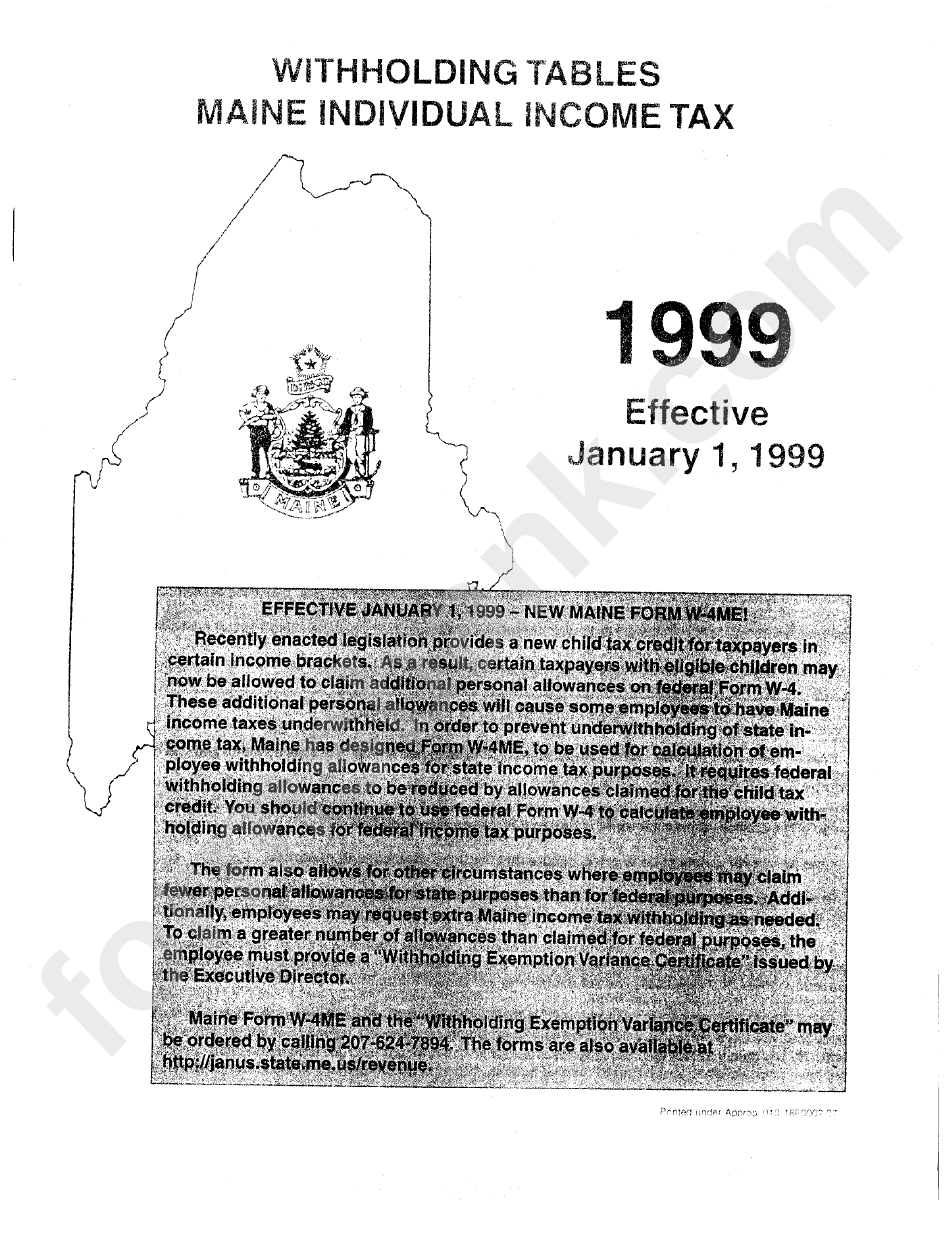 Withholding Tables Maine Individual Tax 1999 printable pdf download