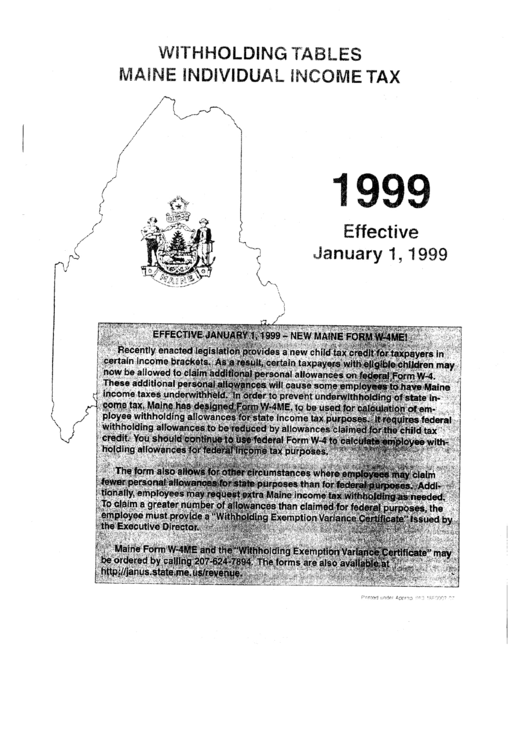 Withholding Tables Maine Individual Tax 1999 printable pdf download