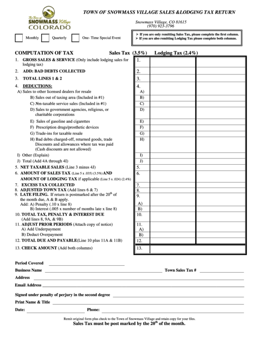 Sales & Lodging Tax Return Town Of Snowmass Village printable pdf download